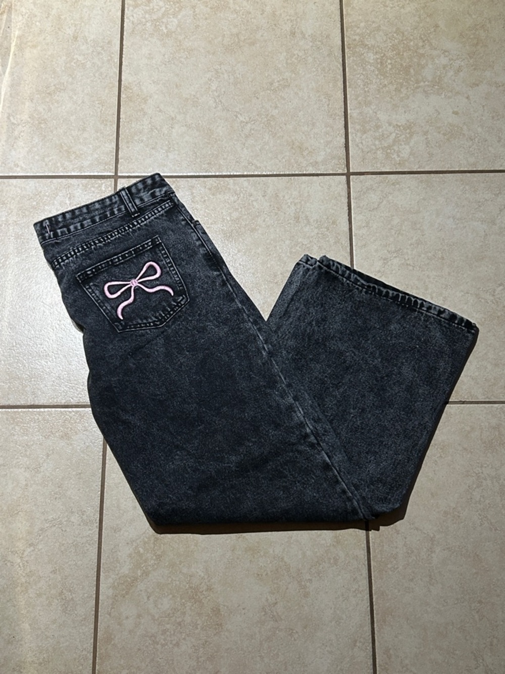 Straight Leg Black Washed Jeans with Pink Bow Detail